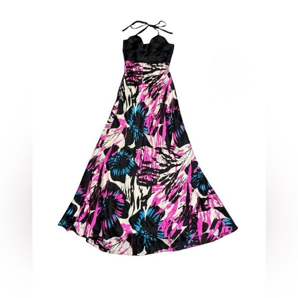 women’s CACHE colorful floral v neck halter fit & flare SILK maxi gown size 6 - Picture 3 of 8